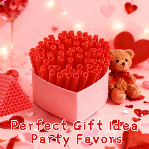Valentines-Day-Heart-Shaped-Straws-Party-Supplies-Decorations-100 PCS | Dishwasher Safe & Reusable Thick Heart Red Drinking Straws for Cocktail Wedding Bridal Shower Galentines Birthday Party Favors