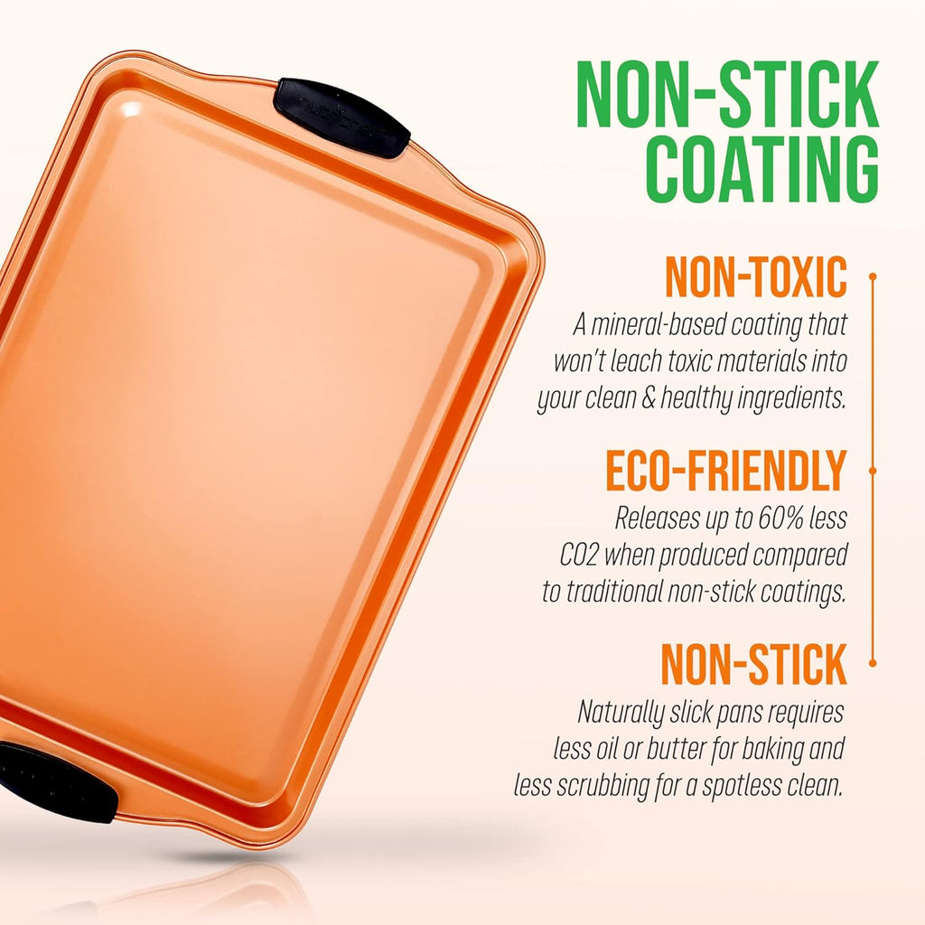 Nutrichef Nonstick Cookie Sheet - Premium Carbon Steel Baking Pan with Silicone Handles | 15” Copper, Dishwasher Safe