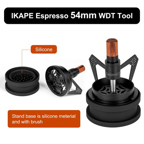 IKAPE Mantis WDT Distribution Tool with Clean Brush, V3-54mm Espresso Stirrer for Barista - 8 Needle Espresso Stirrer with Dosing Funnel & Stand, Adjustable Needle Height, Walnut Handle