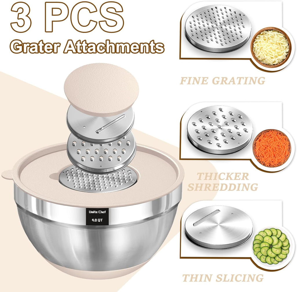 Umite Chef Mixing Bowls Set - 8PCS Stainless Steel Nesting Bowls with Airtight Lids & Grater | Non-Slip Bottoms, 1.5QT to 5QT
