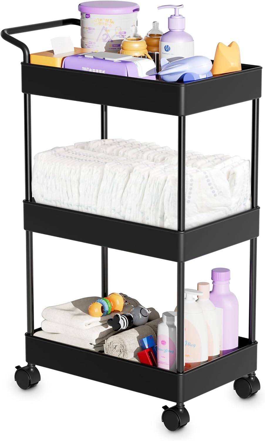 Volnamal Diaper Caddy - Versatile Plastic Organizer for Nursery Essentials | Movable Cart in Black
