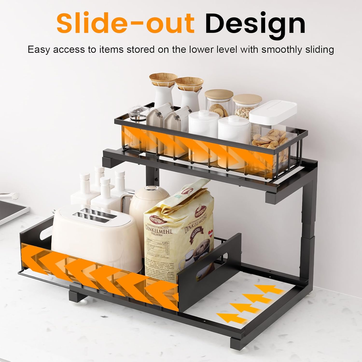 Under Sink Organizer by Regine Switzerland - Heavy Duty Metal Pull-Out Cabinet Shelf | Adjustable Multi-Purpose Storage (Black, 2-Pack)