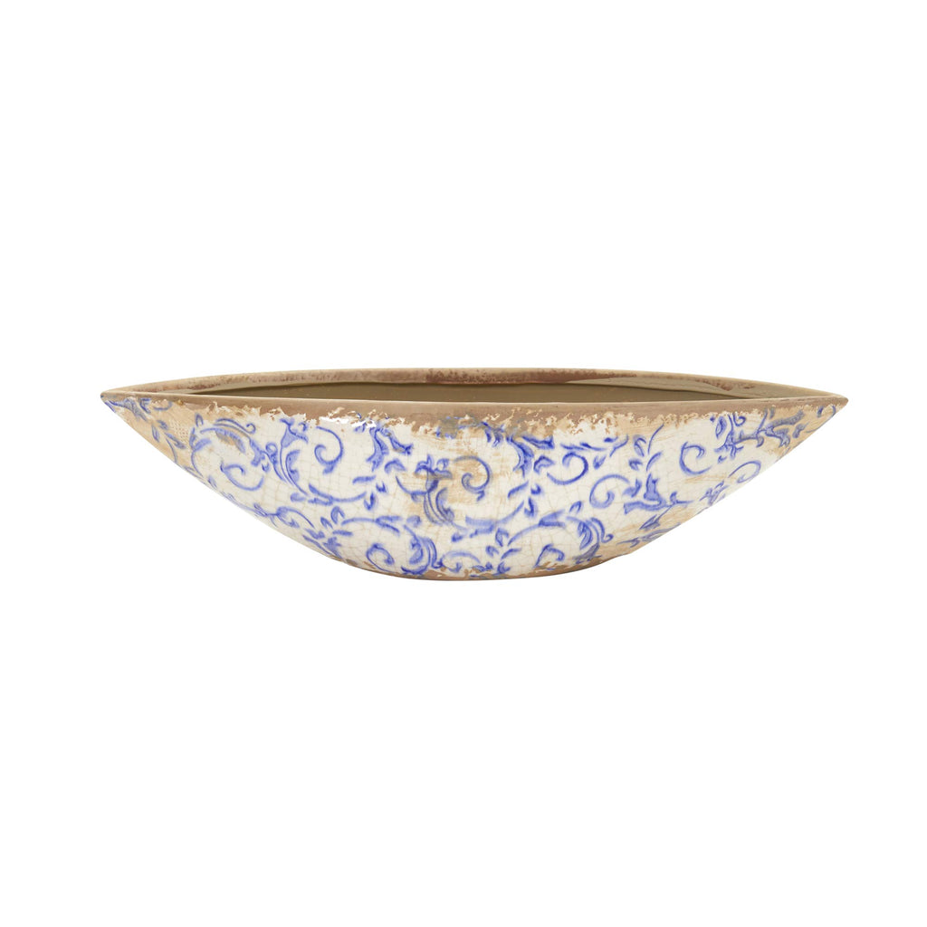 13in. Tuscan Ceramic Blue Scroll Decorative Bowl