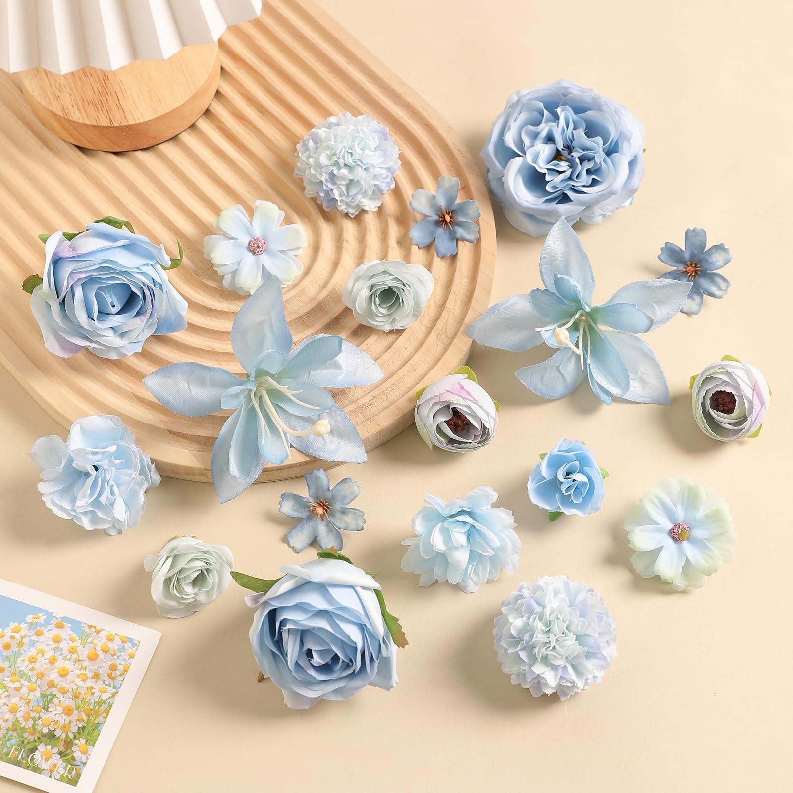 rongflower Fake Flower Heads for Crafts - Blue Silk Artificial Roses, Peonies, Daisies & Mini Floral Heads Bulk (48-Pack) for Wedding Decor, Graduation Cap, Cake Topper, Baby Shower, Home Decoration
