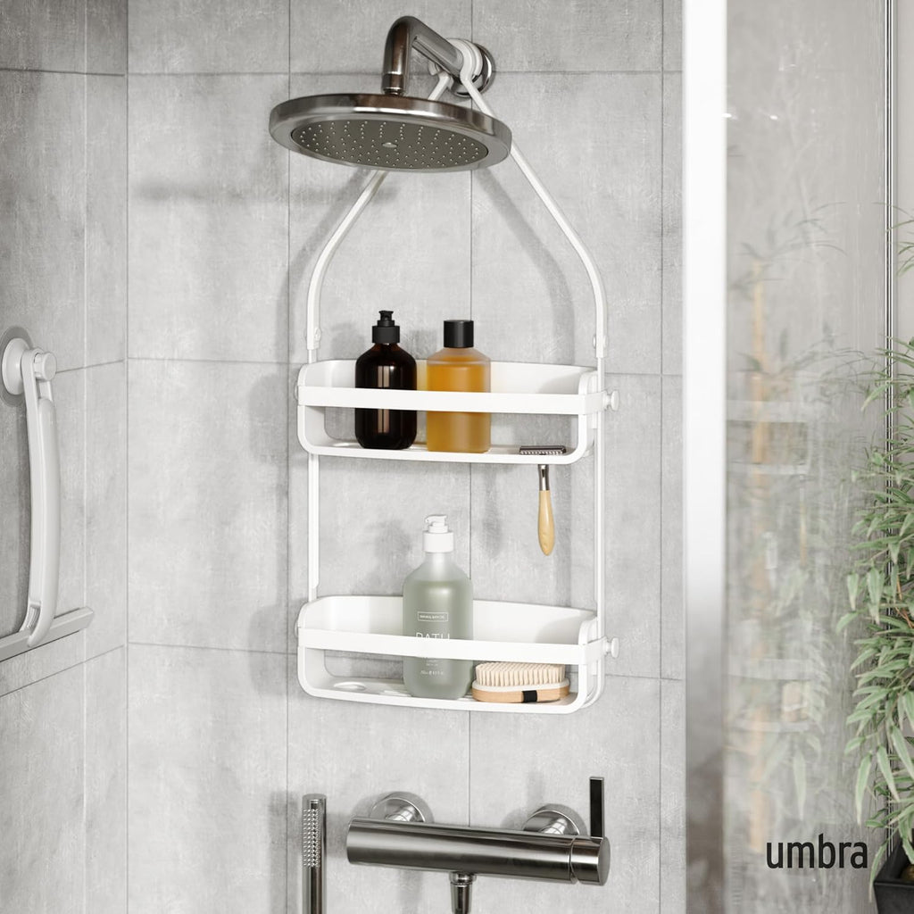 Umbra Flex Shower Caddy - 2-Tier Hanging Organizer with Bathtub Shelf | Stylish White Design