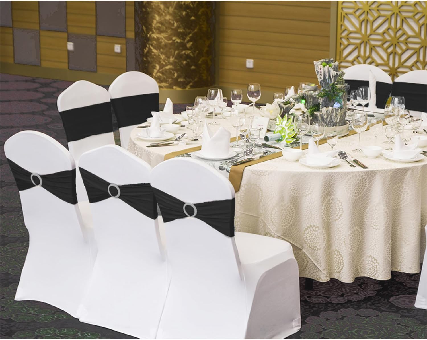 Skiennix 50 Pack Black Spandex Chair Sashes - Elegant Buckles for Weddings & Events | Versatile Decorations