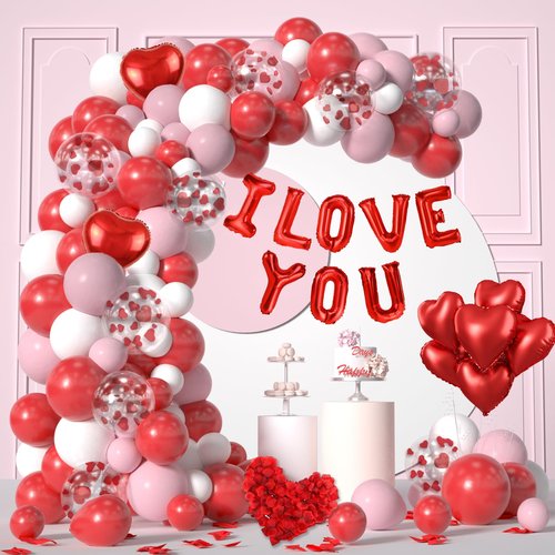 Yumiche 617PCS Valentines Balloon Arch, I Love You Balloon, Red Pink White Heart Balloon And Rose Petals For Valentines Day Wedding Engagement Anniversary Romantic Decorations Special Night