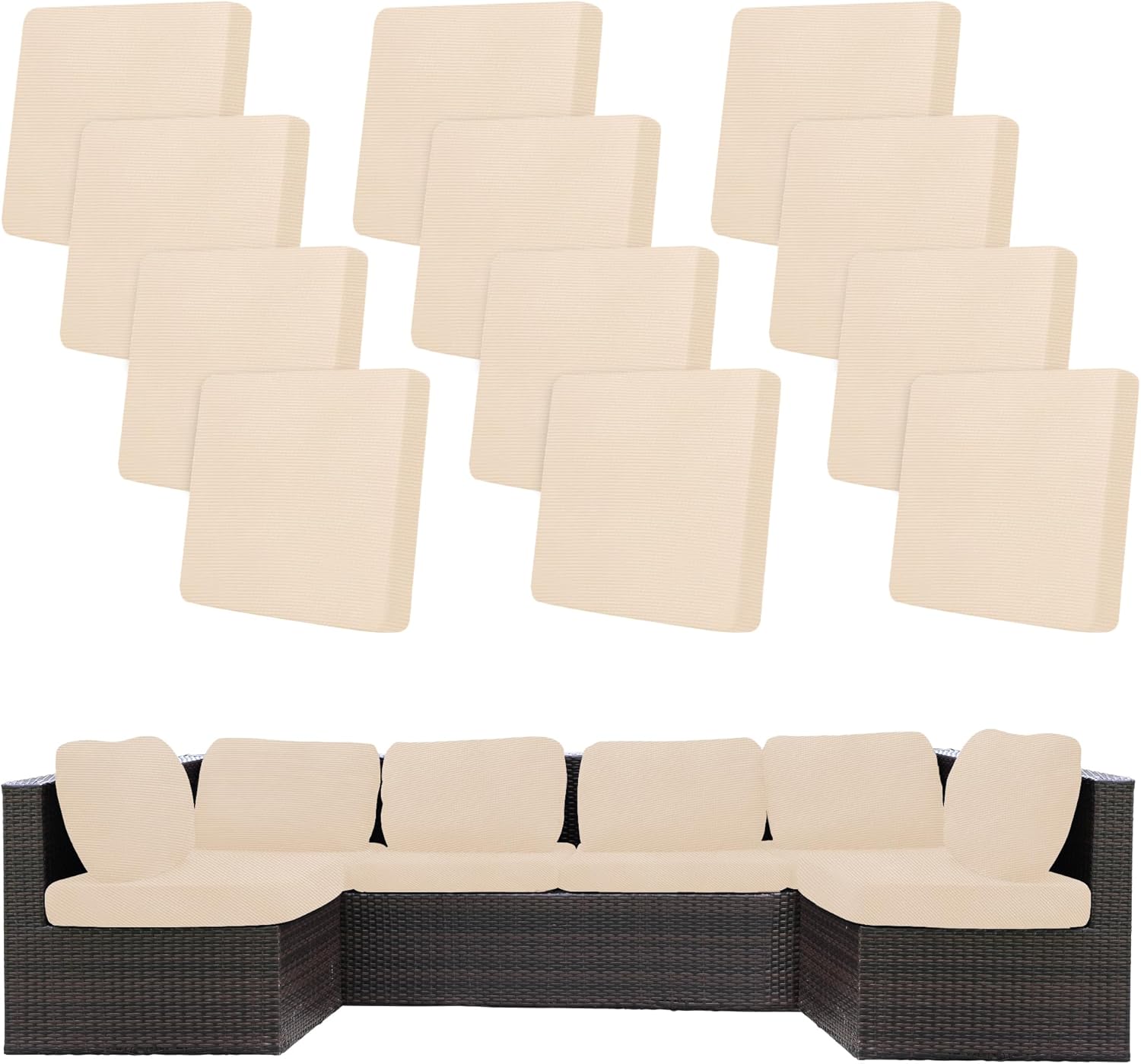 Skiennix 12-Piece Stretch Patio Cushion Covers - Washable & Reusable Outdoor Furniture Protectors | Beige