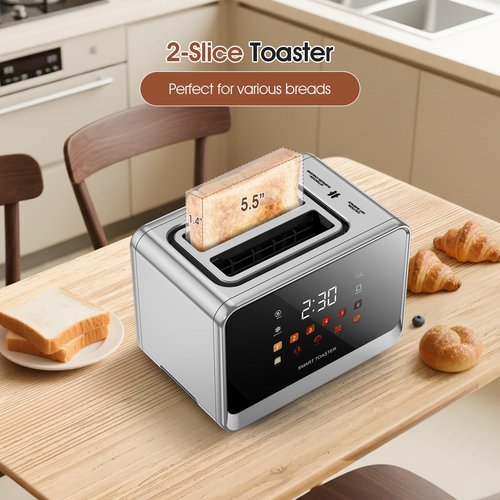Toaster Touch Screen Toaster 2 Slice with LCD Display Stainless Steel Digital Timer Toasters 6 Bread Types& 6 Shade Settings Smart Extra Wide Slots Tostadora With Bagel Cancel,Defrost Functions
