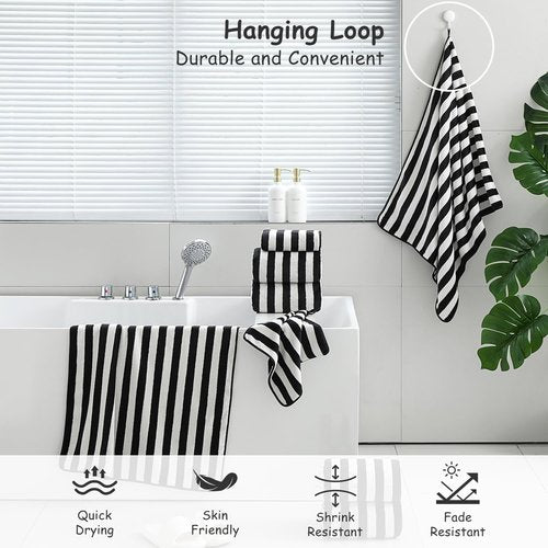 18 Pcs Black White Cabana Stripe Family Towels Set-6 Bath Sheets,6 Hand Towels,6 Washcloths Soft Jumbo Bathroom Towels Absorbent Shower Towel Quick Dry Beach Chair Towel Spa Gym Hotel Towel Set