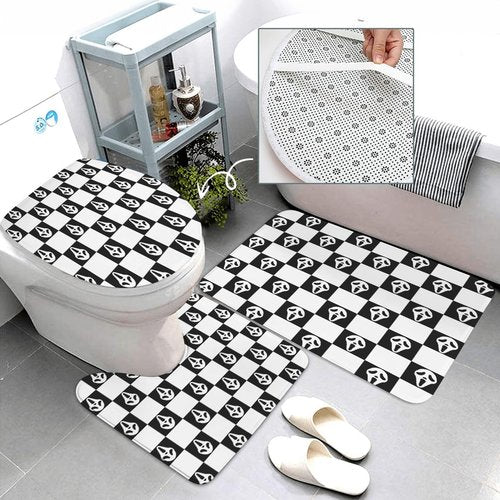 Horror Face Bathroom Set, 4-Piece with Shower Curtain 71x71, Bath Mat, Contour Rug, Toilet Lid Cover, Black and White Checkerboard Pattern