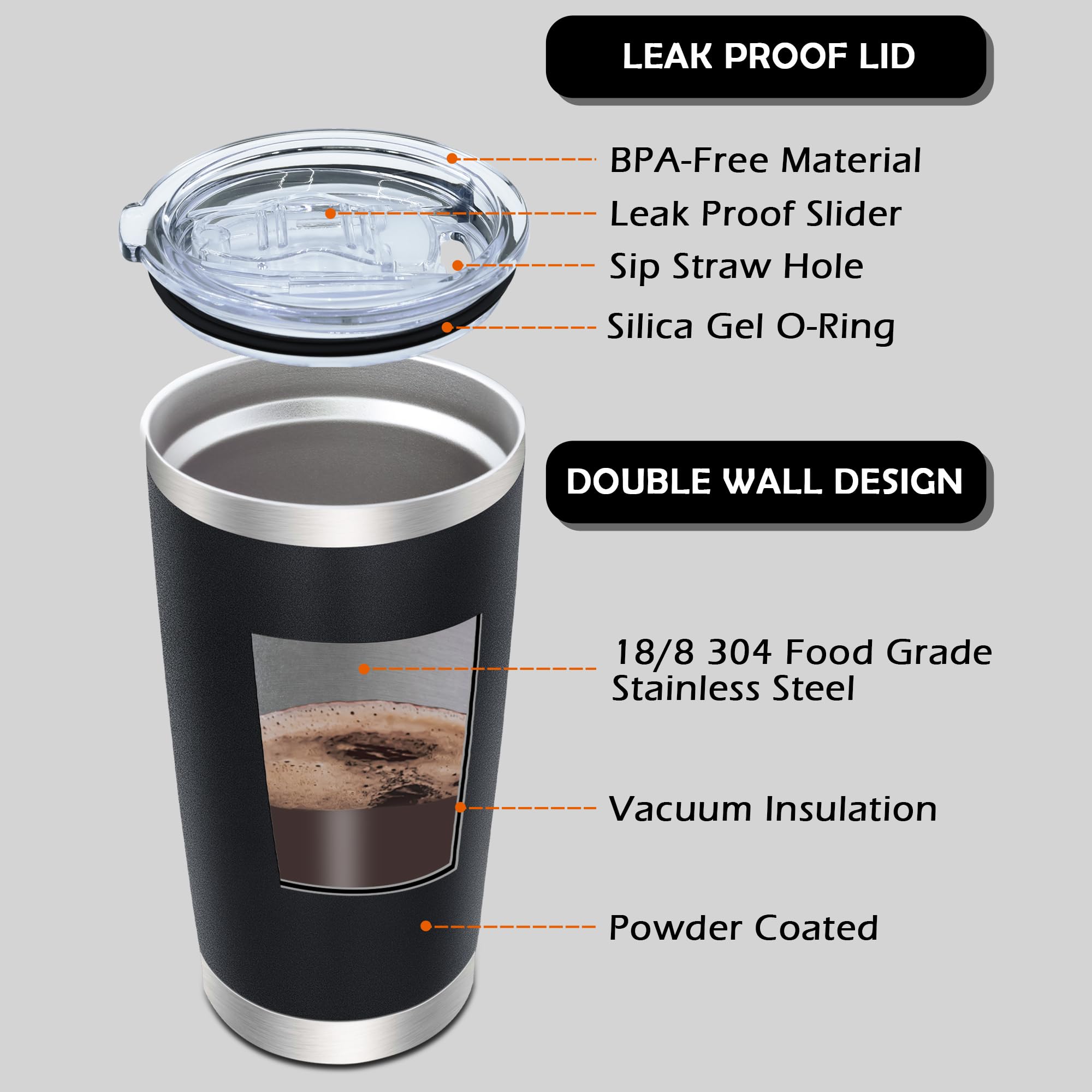 AIANJI 20oz Tumbler Bulk Stainless Steel Tumblers with Lid Vacuum Insulated Double Wall Travel Coffee Mug Powder Coated Tumbler Cup for Hot and Cold Drinks(Black, 6 pack)