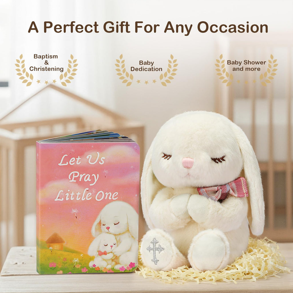 MyMateZoe Baptism Gifts for Girl, Great Christening, Dedication and Baptism Gift Set for Girl and Newborn Baby, Includes 7" Praying Bunny Plush Toy and Let Us Pray Baby Book in Keepsake Gift Box