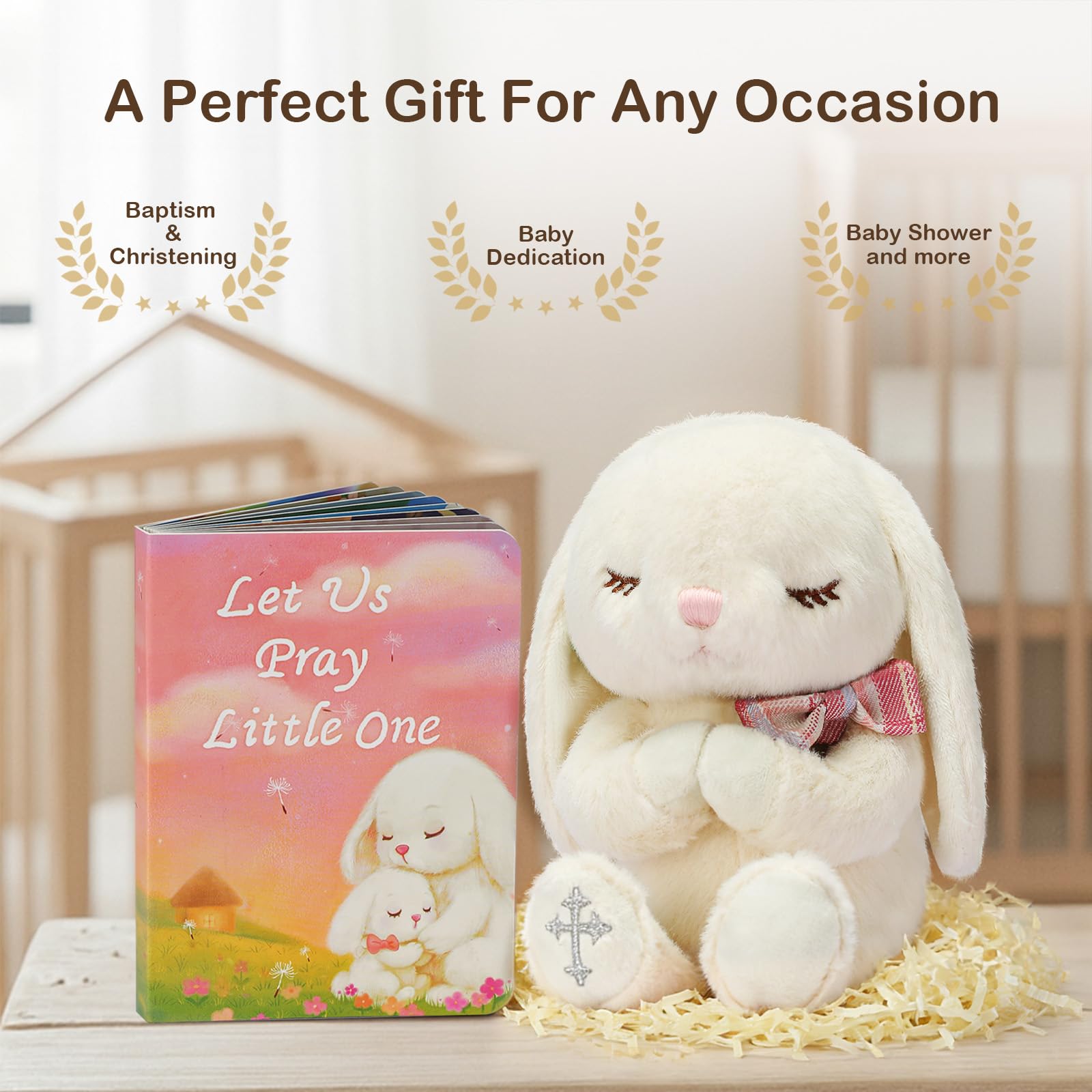 MyMateZoe Baptism Gifts for Girl, Great Christening, Dedication and Baptism Gift Set for Girl and Newborn Baby, Includes 7" Praying Bunny Plush Toy and Let Us Pray Baby Book in Keepsake Gift Box