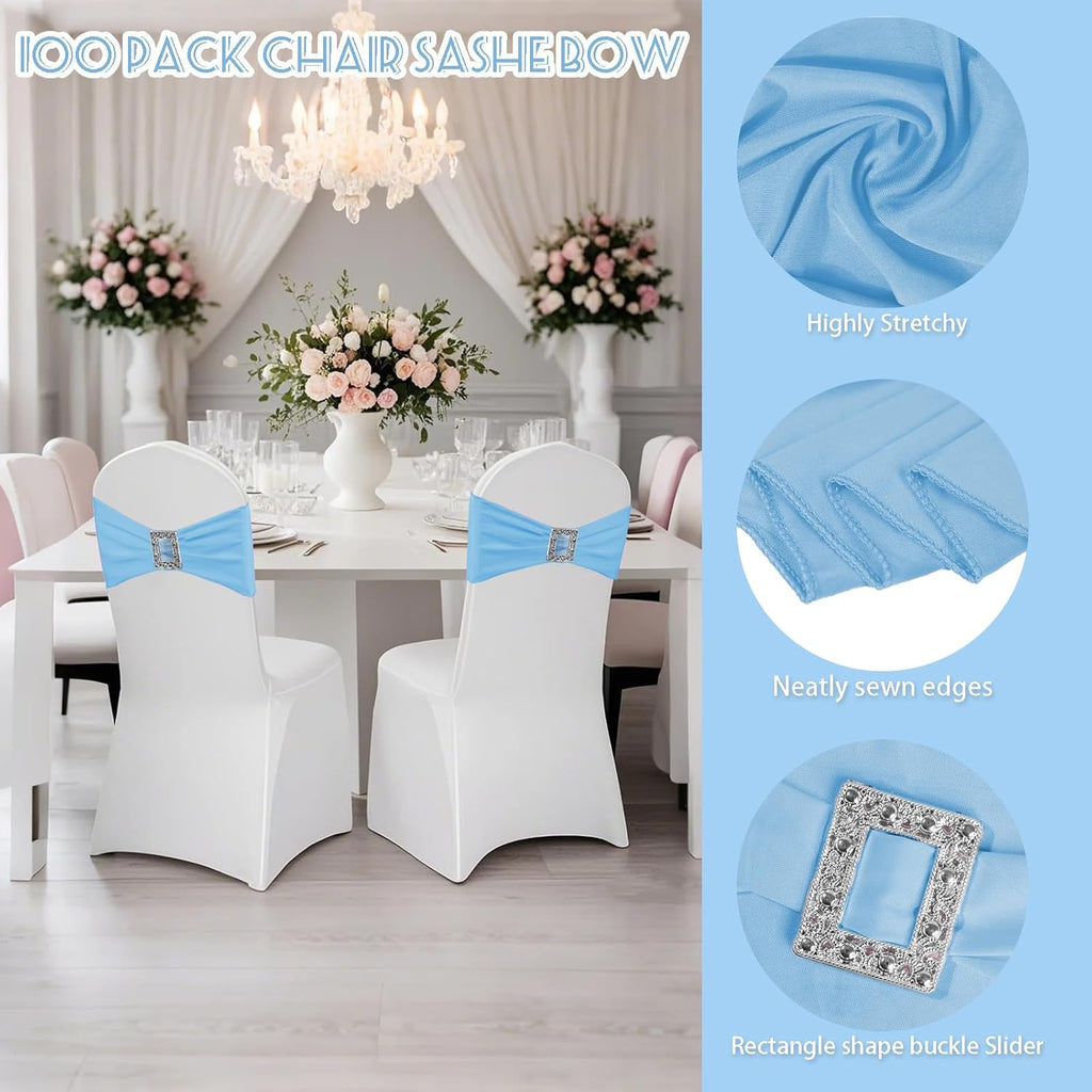 Skiennix 100 Pack Spandex Stretch Chair Sashes - Elastic Covers with Buckle Slider for Weddings & Events | Baby Blue