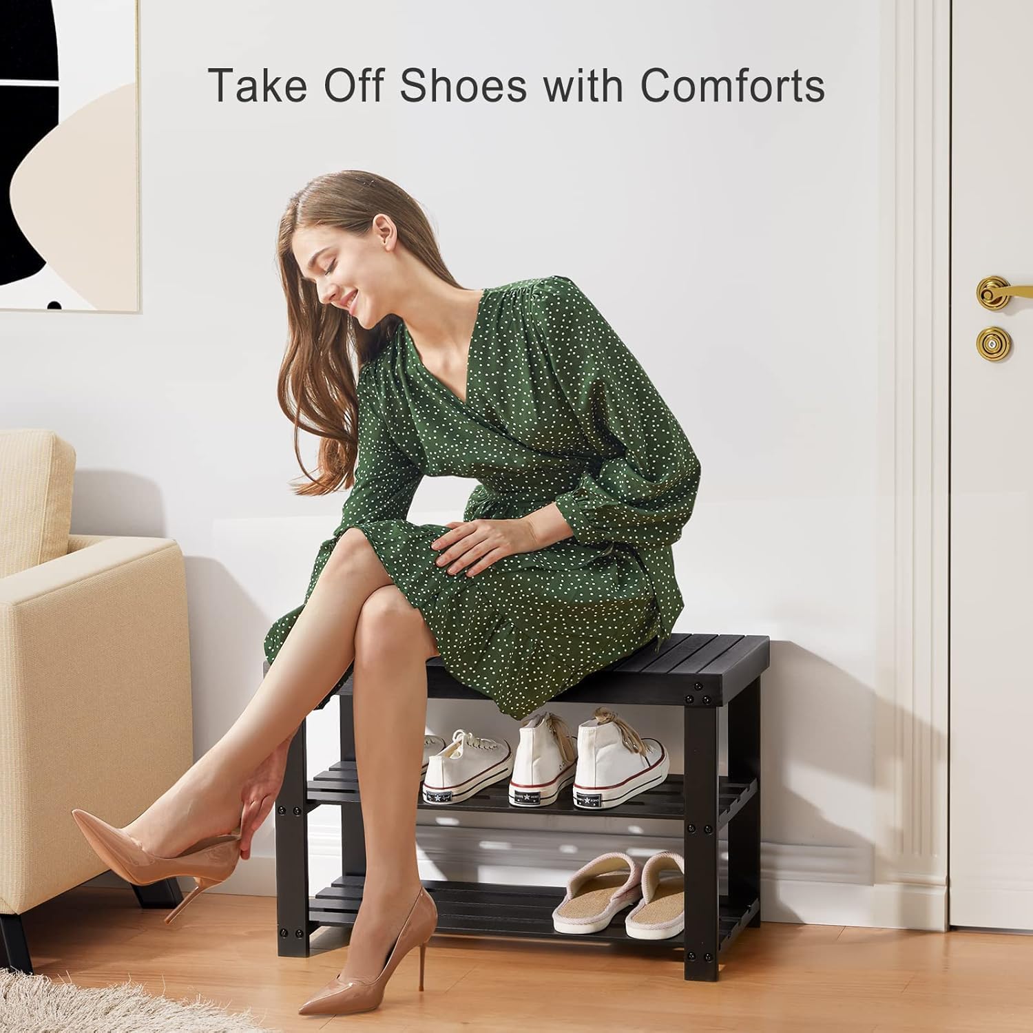 Pipishell Bamboo Shoe Rack - 3-Tier Sturdy Organizer Holds Up to 300lbs | Black Entryway Bench