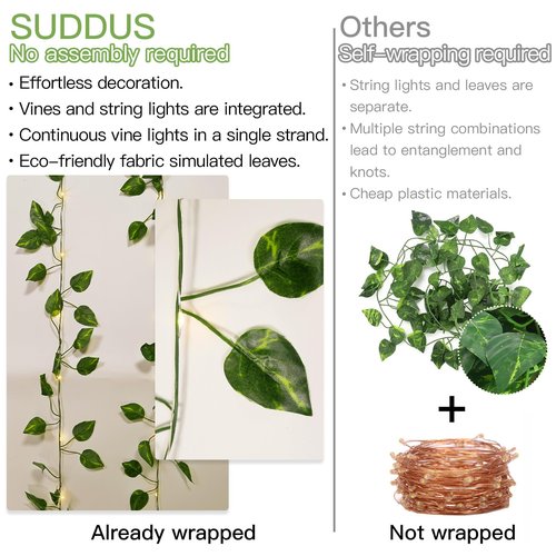 suddus Vines with Lights Battery Operated, 20 LED 6.56FT Fairy Lights Leaves with Timer, Pothos Vines String Lights for Bedroom,Dorm, Wall, Garden, Party, Christmas, Wedding Decor (Warm White)