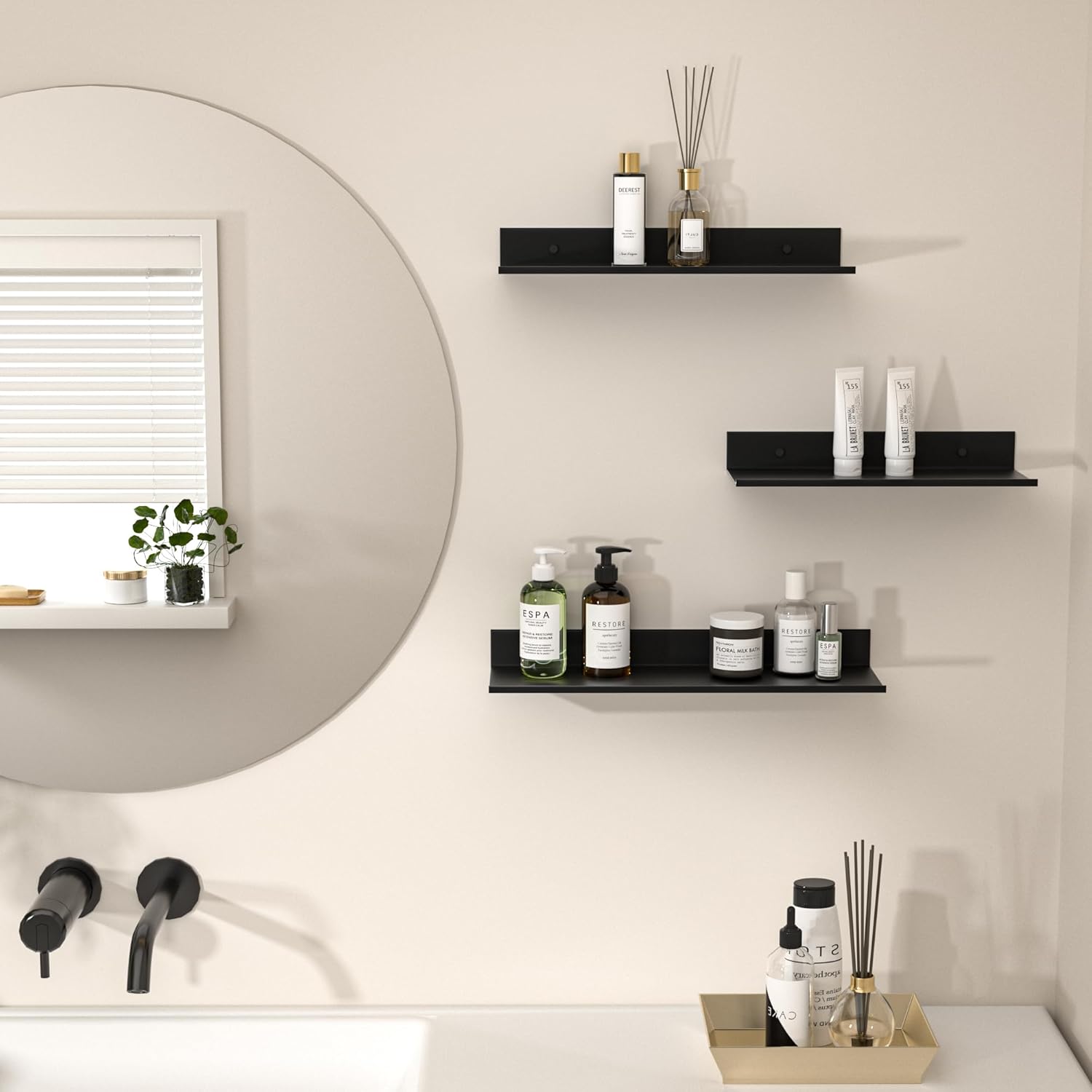 Wisfame Floating Wall Shelves - Set of 3 Black Metal Shelves for Bathroom, Living Room, Office | 11.8/13.8/15.7 in