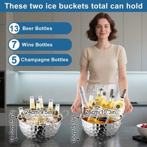 Ice Bucket of 2 Pack, 7L (10.3 * 10.3 * 5.9in) Large Ice Buckets for Parties,Metal Beverage Tub,Wine Bucket with Scoop,Champagne Bucket,Large Ice Buckets for Wine,Beer, Bottle Drinks, Dishwasher Safe