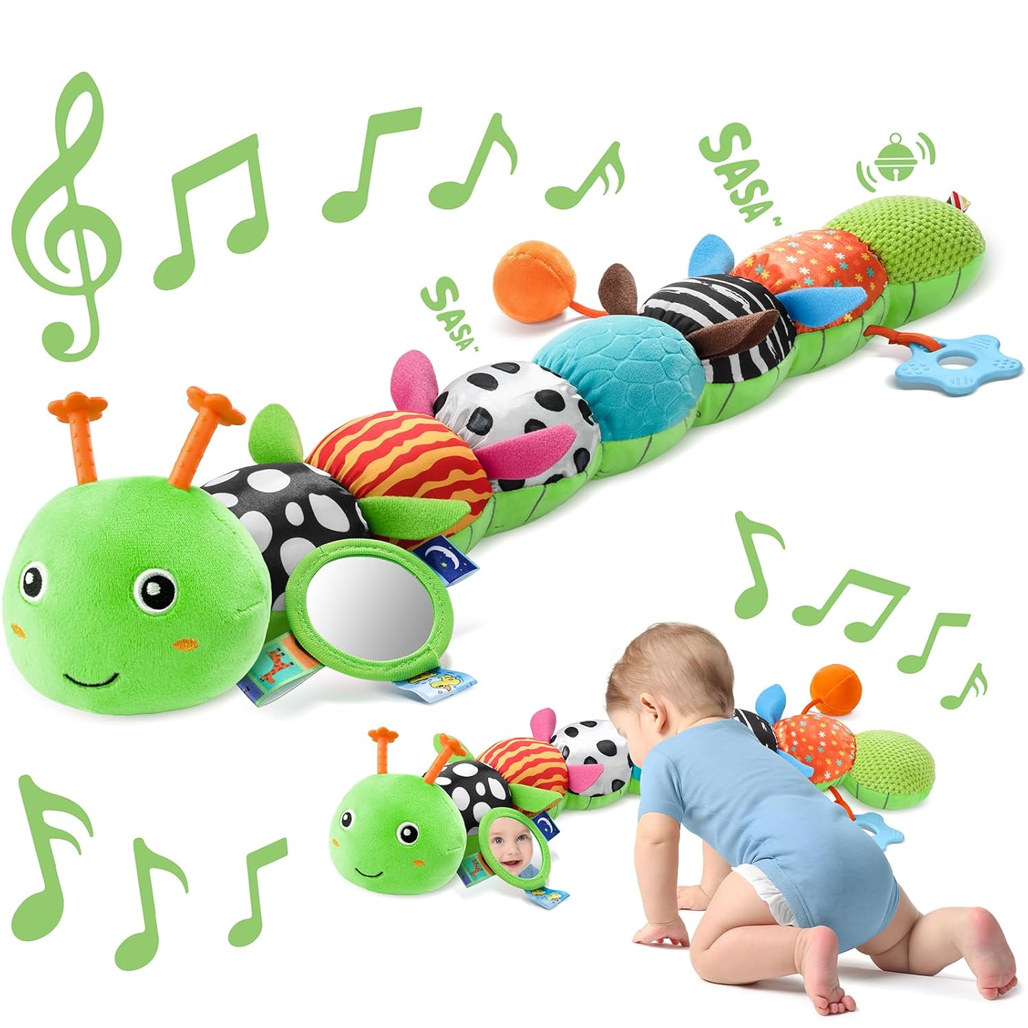 Sumobaby Music Caterpillar Plush Toy - Infant Teething & Tummy Time Rattle | Green Leaf, 0-12 Months