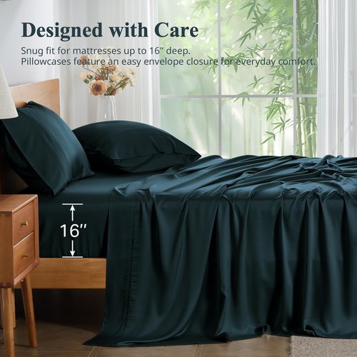 KRIMANO Queen Size Sheet Set, Bamboo Sheets for Bed Set 4pcs, 100% Organic Viscose Derived from Bamboo, Hotel Luxury Silky & Cooling for Hot Sleepers, Deep Pocket Up to 17", Navy Blue