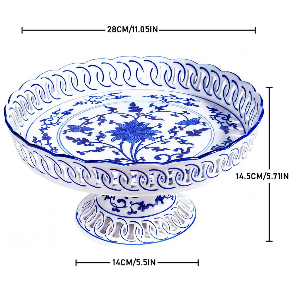 YYMayLsh Decorative Porcelain Fruit Bowl with Pedestal, Blue and White Floral Pattern, 11x5.7 inches
