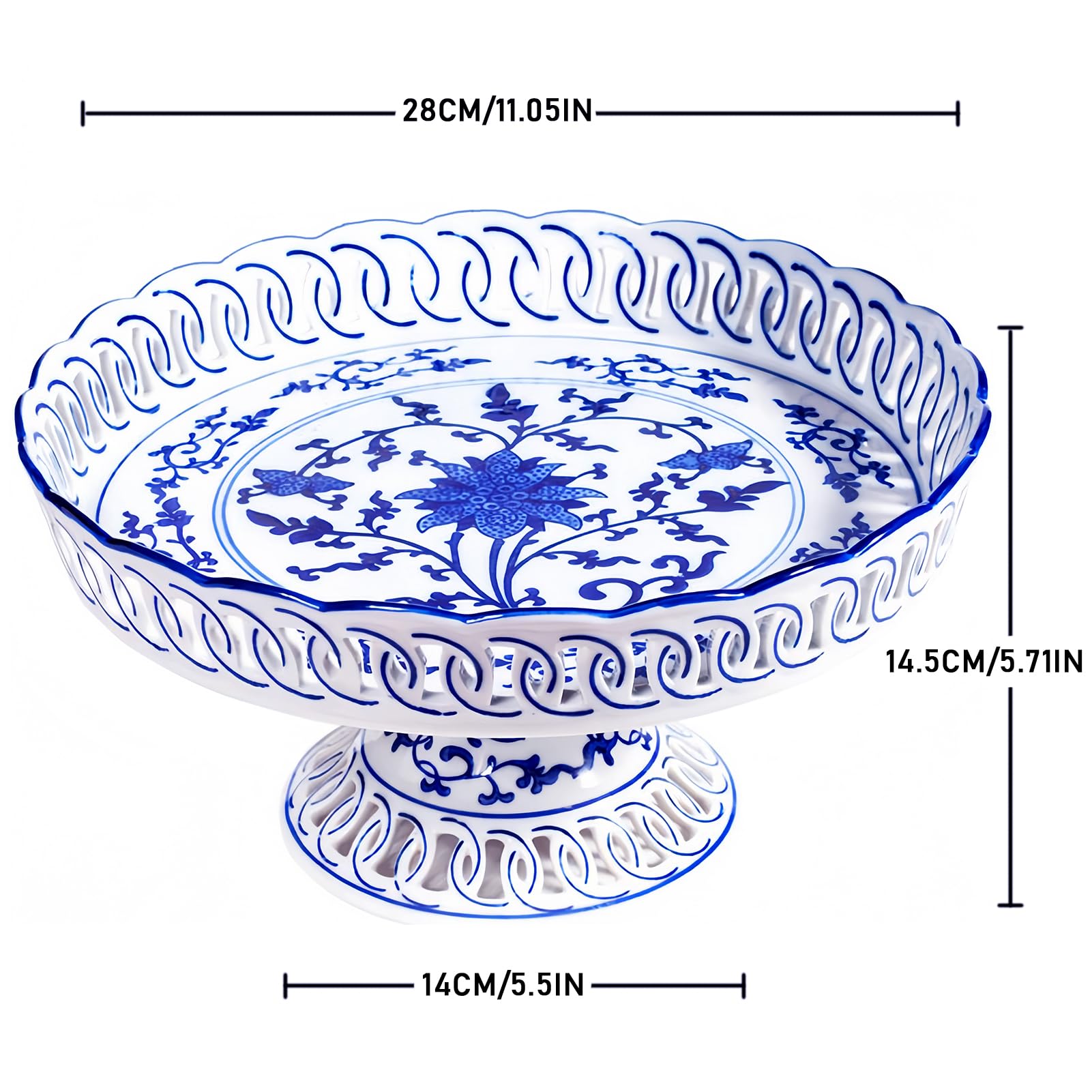 YYMayLsh Decorative Porcelain Fruit Bowl with Pedestal, Blue and White Floral Pattern, 11x5.7 inches