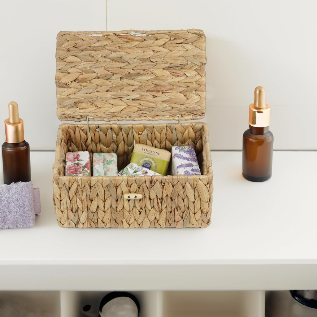 Small Wicker Basket with Lid, Natural Water Hyacinth Storage Baskets for Organizing, Rectangular Woven Basket for Storage, Decorative Boxes Bins with Lids and Built-in Handles (10.2" x 6.3" x 3.9")