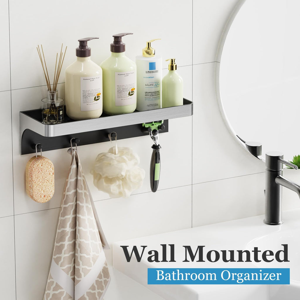 Skiennix Shower Caddy - Adhesive Bathroom Organizer with Hooks | Rustproof Silver Design