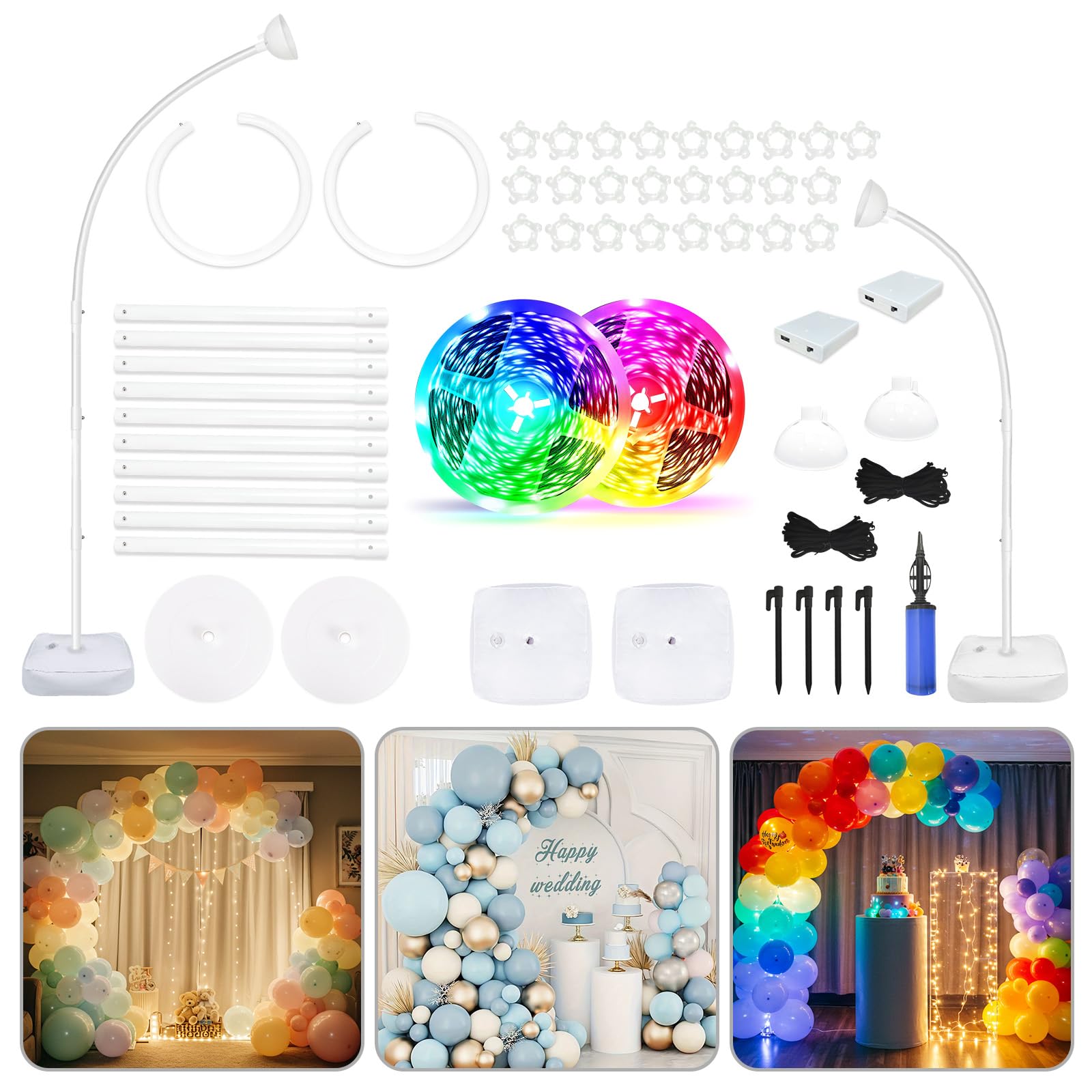 AerWo Lighted Balloon Arch Kit 8.2FT & 6FT, Free Bending Top Half Balloon Arch Stand with Base, Floor Frame for Wedding Birthday Party Baby Shower Yard Lawn Home Christmas Decorations