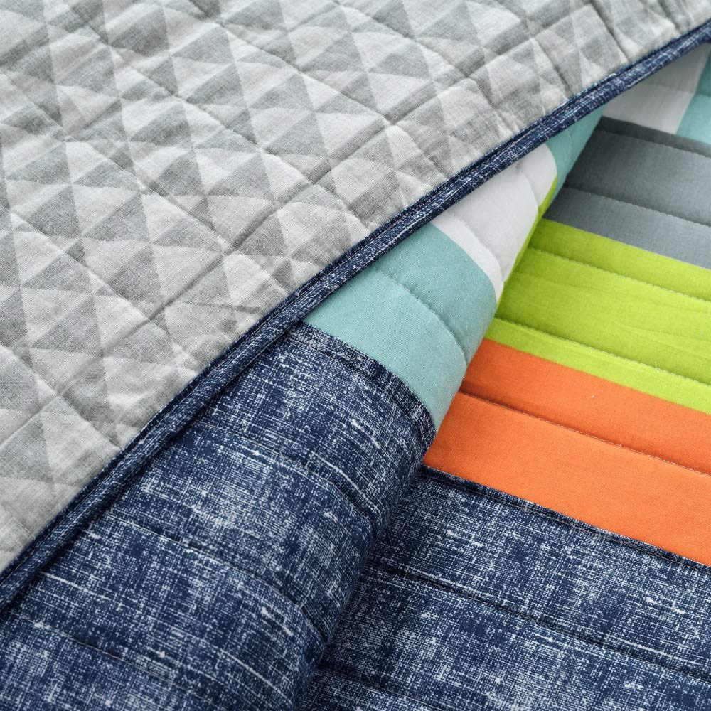 Lush Decor Shelly Stripe Quilt | Modern Geometric Pattern Reversible 3 Piece Bedding Set - Full/Queen - Navy & Orange