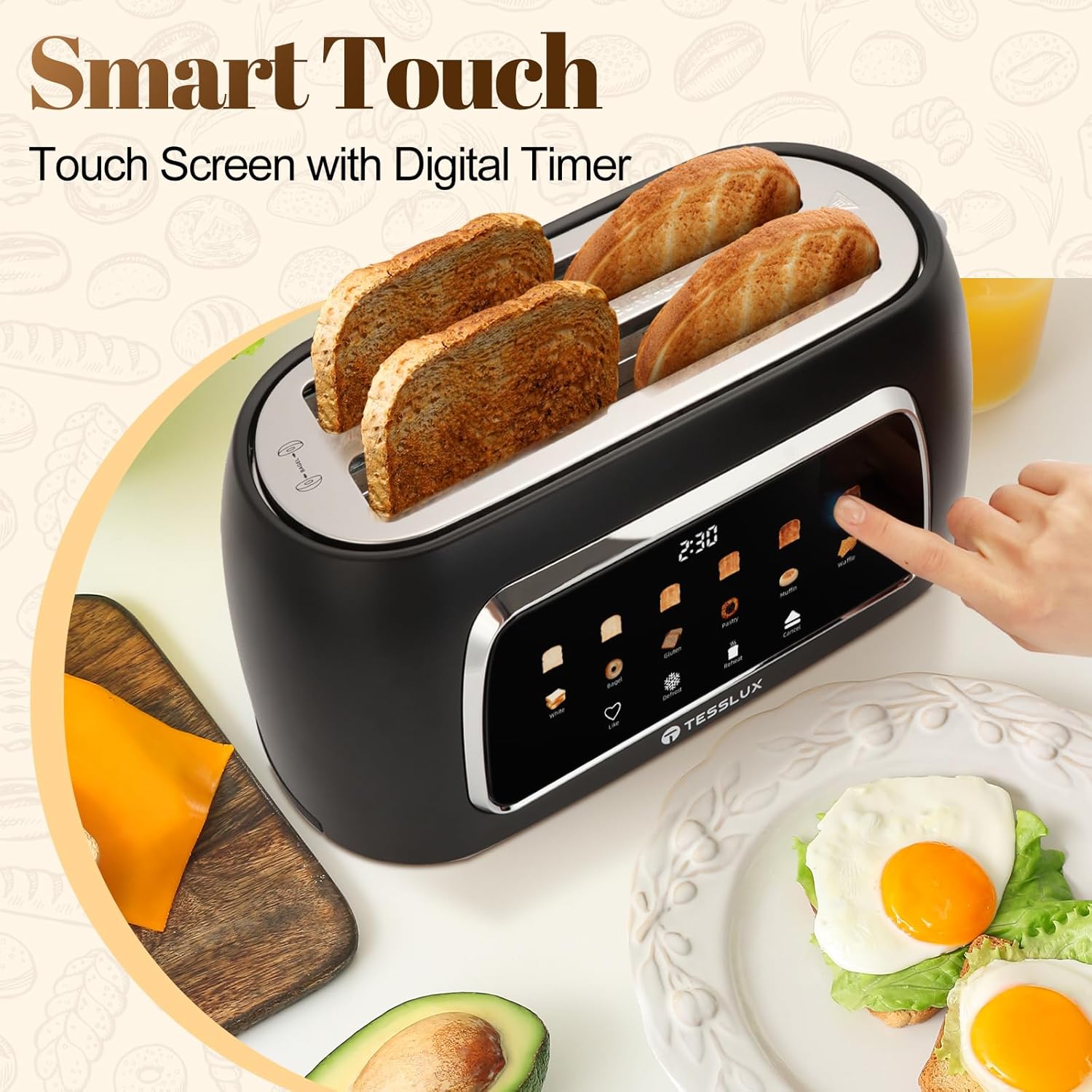 Tesslux 4-Slice Toaster - Touch Screen Control, 1.5" Wide Slots, 6 Browning Levels | Black Finish