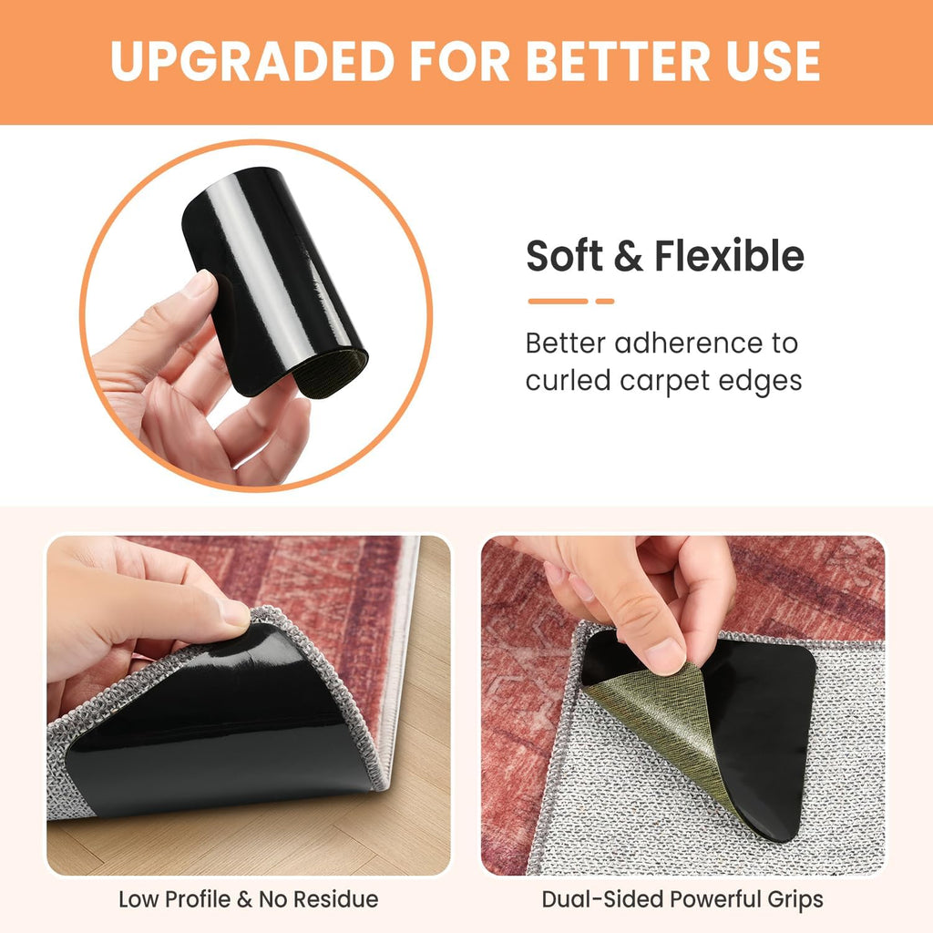 BAGAIL Non-Slip Rug Grippers - 4 Reusable Double-Sided Adhesive Corners for Hardwood & Tile Floors | 4x4in