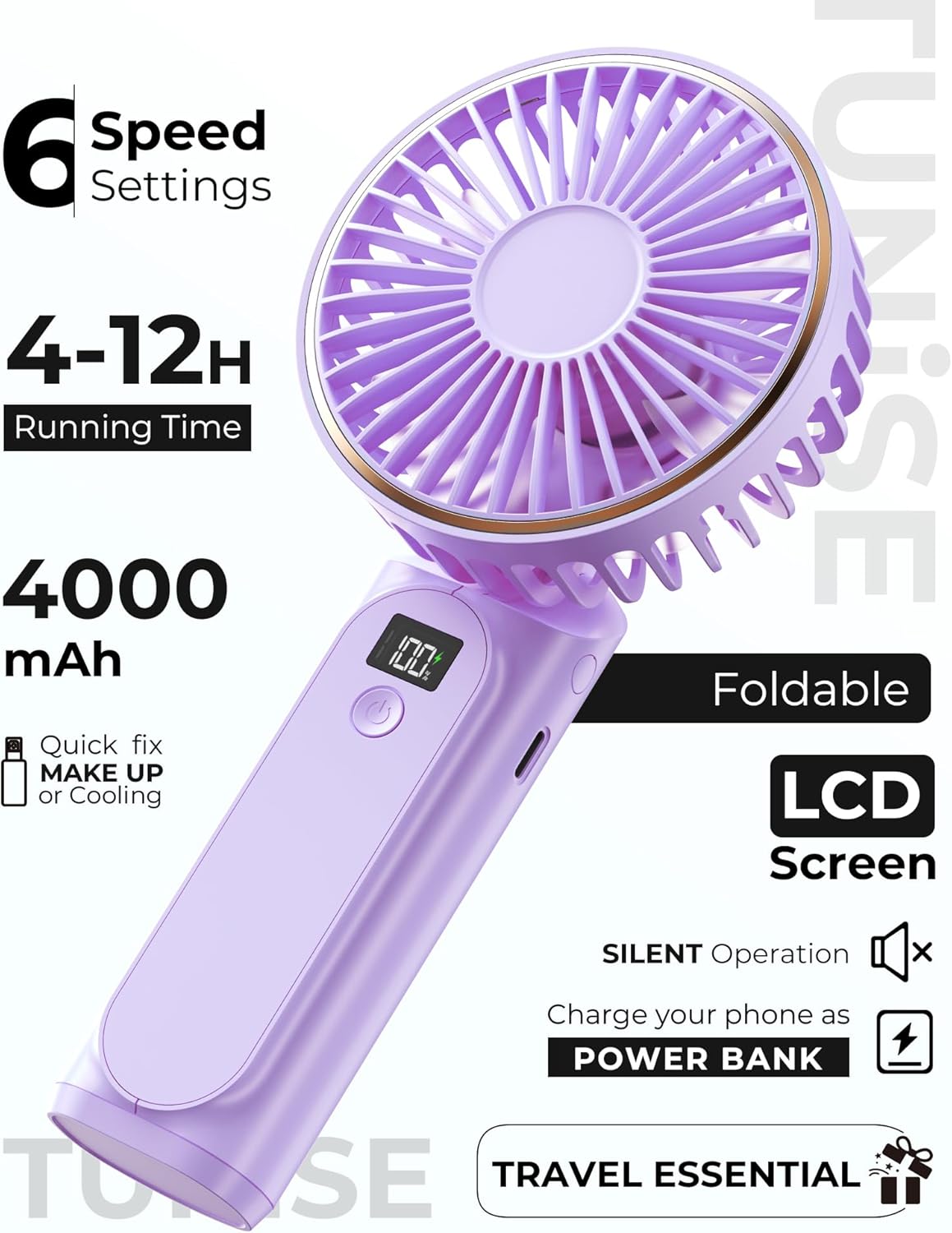 TUNISE Portable Handheld Fan - 4000mAh Battery, 6-Speed Adjustable Wind, USB Rechargeable, Foldable Design