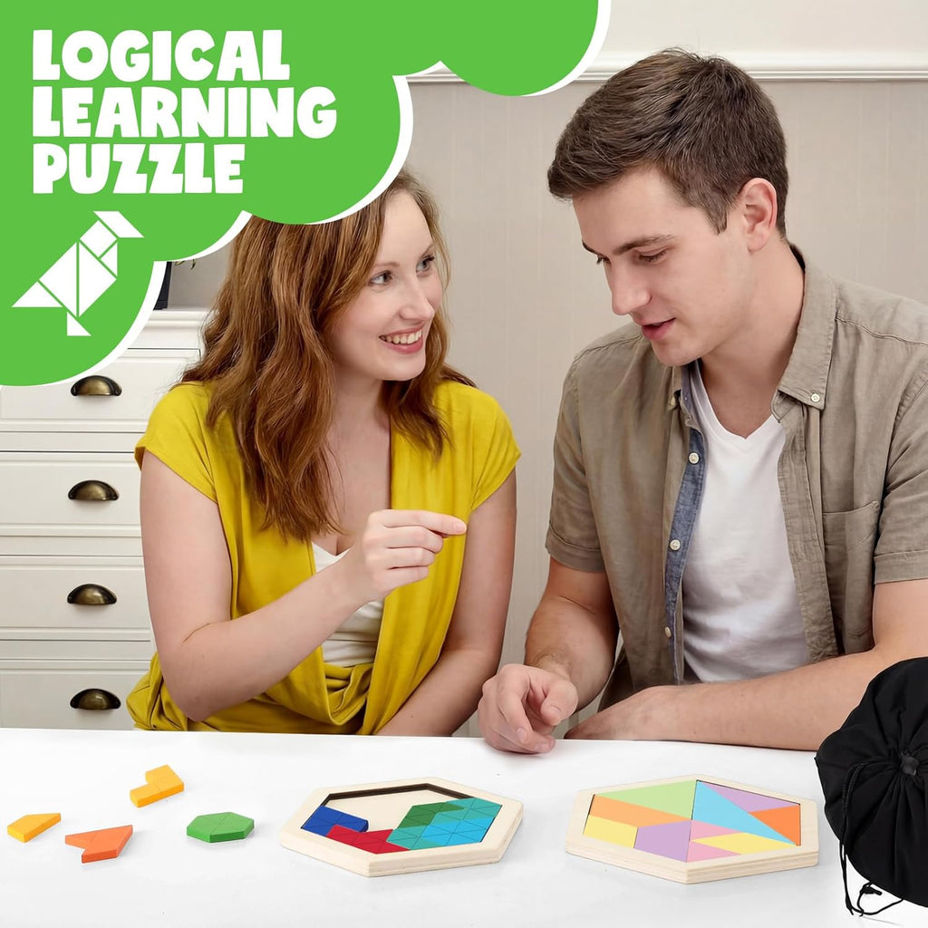 Yunsailing Large Hexagon Tangram Puzzle - 3 Pack Wooden Brain Teasers for Adults | Classic Geometric Challenge