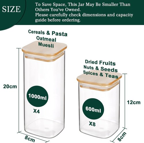 LIBWYS Square Glass Storage Jars - 12-Pack with Bamboo Lids | Stackable Food Containers for Pantry Organization (0.6Qt/1.06Qt)