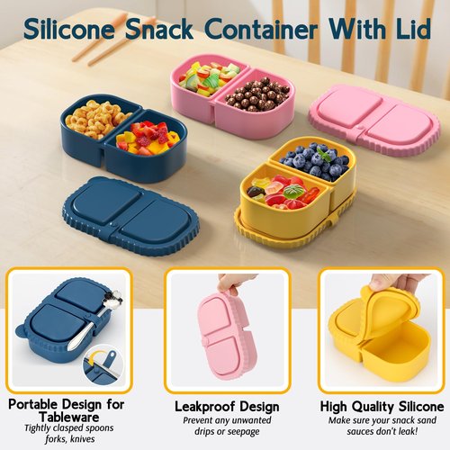 ICEROYCE 3 Pack Reusable Silicone Snack Containers with Lids, 2 Compartment Leakproof Food Storage Containers, BPA-Free Portable Snack Boxes for Lunch, School, Adults