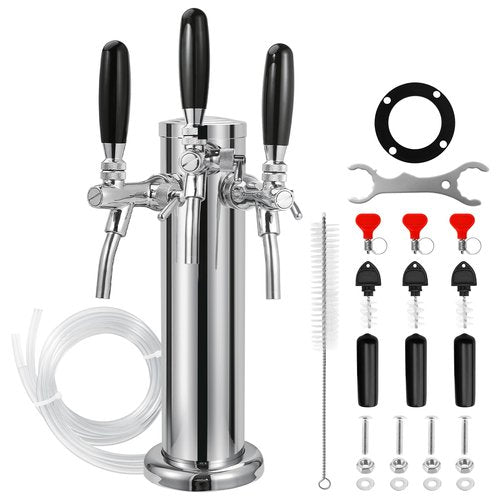 Dbgogo 3 Tap Beer Tower Adjustable Flow Control Beer Faucet Three Tap Beer Tower Stainless 3” Triple Tap Beer Tower Dispenser Kegerator Tower Kit with Pre-Assembled Tubing and Self-Closing Springs