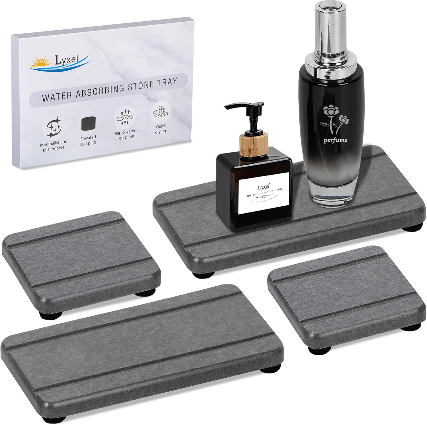 Skiennix Stone Drying Trays - Water Absorbing Diatomaceous Earth Soap Dish & Coaster Set (4PCS)