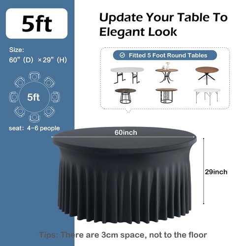 6 pk Black Spandex Round Tablecloth 60 inch with Ruffled Skirt,Wrinkle Free High-Stretch 120 inch Table Cloths Fitted 5ft Round Elastic Spandex Table Covers for Party Wedding Banquet Dinning Tables