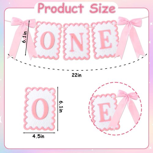 Vovii Bow Highchair Banner for 1st Girls Birthday Decoration, Pink and White One Birthday Banner for Party Decor Photo Props(Pre-Strung)