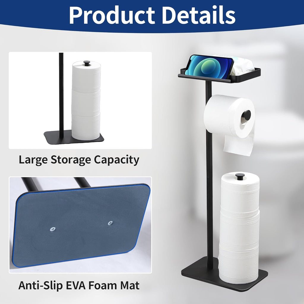 Skiennix Toilet Paper Holder Stand - Rustproof Free Standing Design with Phone Shelf - Black