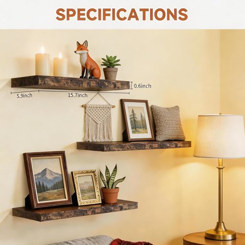 Lifetime Warranty Floating Shelves - Easy Install 15.7 Inch Wall Mounted Wooden Shelves | Set of 3 for Home Decor & Storage