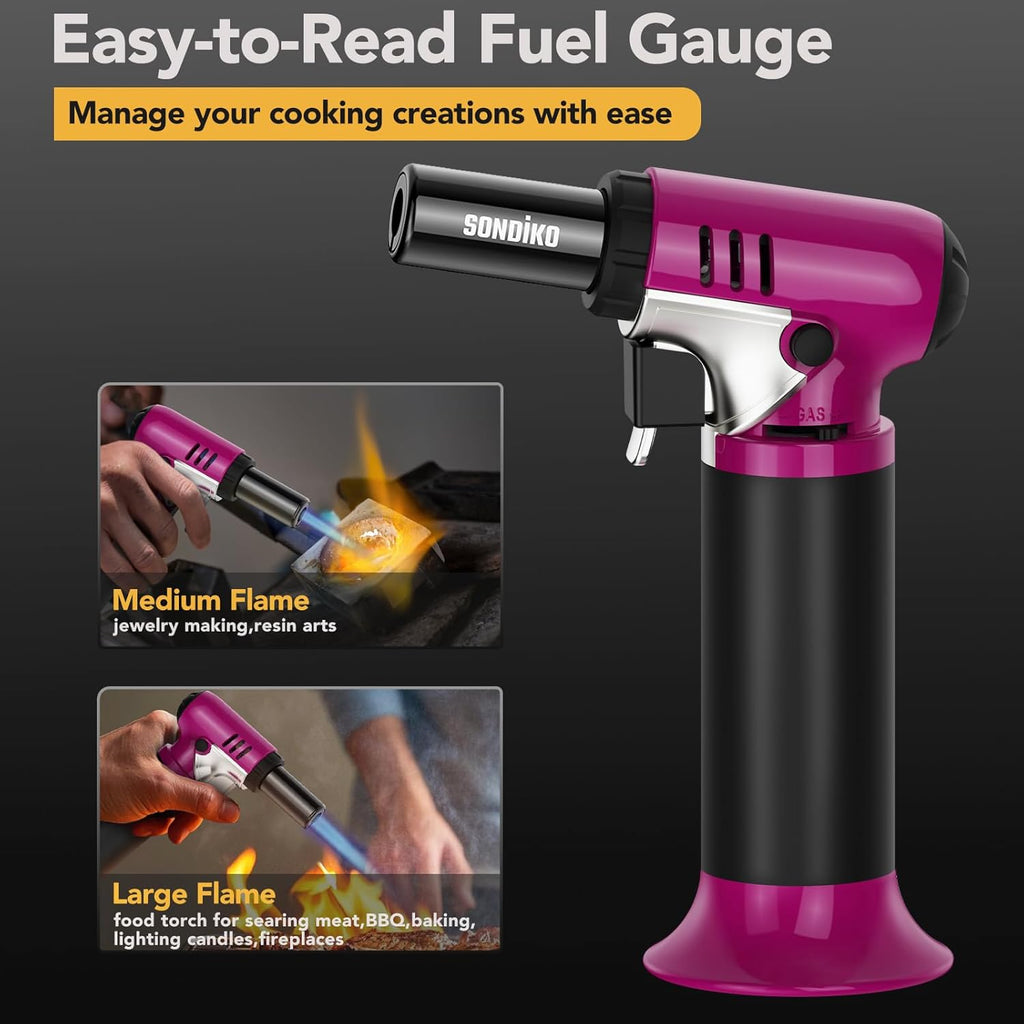 Sondiko Butane Torch - Refillable Soldering Lighter with Adjustable Flame | Pink & Black Design