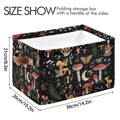 Mushroom Gothic Witch Storage Basket Bin for Shelves Closet Fern Leaves Foldable Fabric Storage Box Cube with Handles Kids Gifts Toy Clothes Shelf Basket Organizer for Bedroom Nursery Home Decorative