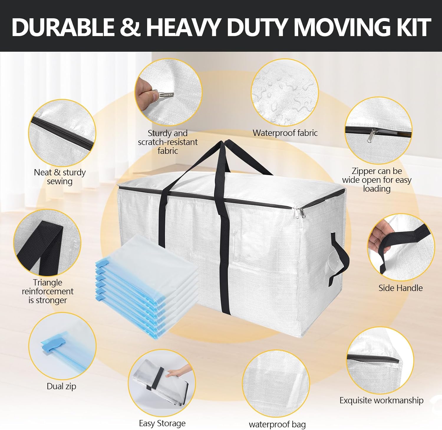 Skiennix Extra Large Storage Bags Set - Heavy Duty Waterproof Moving Totes with Handles | 6 Bags & 10 Vacuum Seal Bags