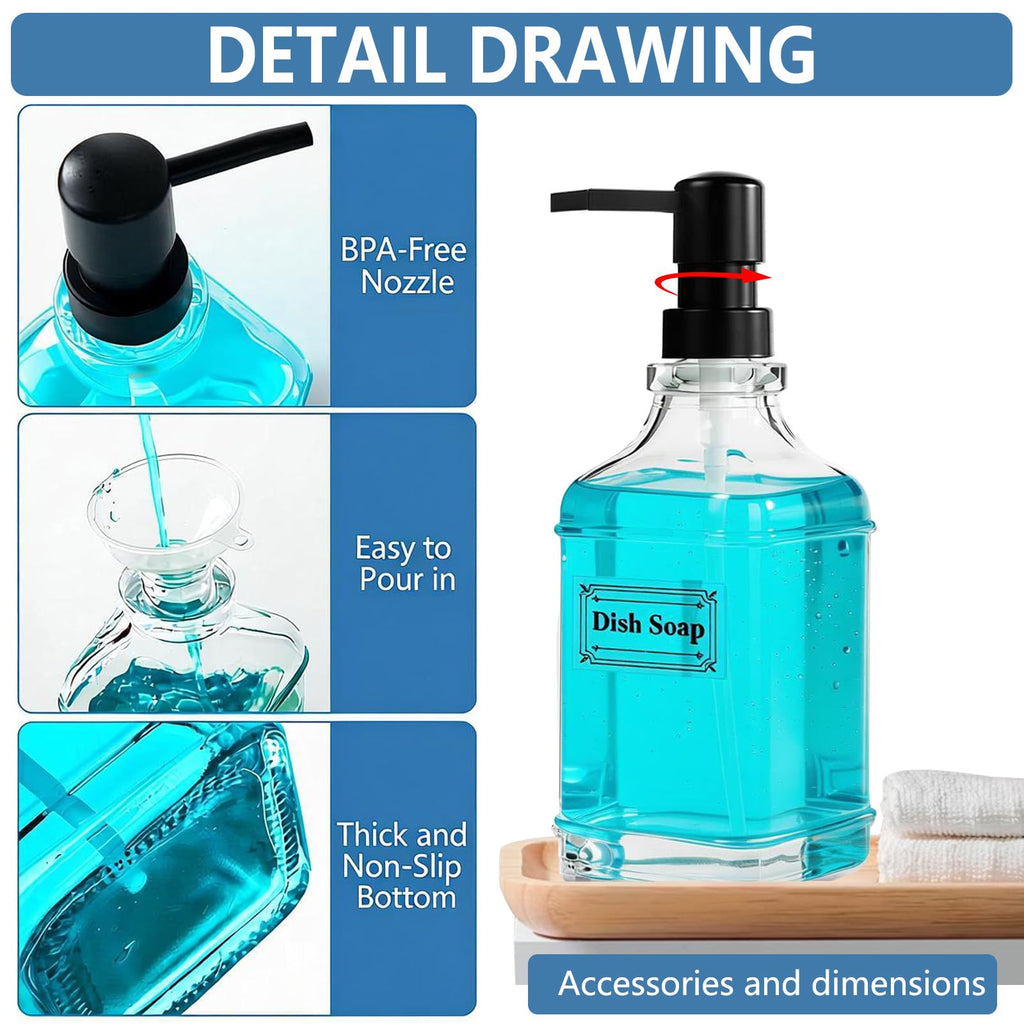 BPFY 3 Pack Glass Soap Dispenser with Pump, 17oz/500ml Square Refillable Hand and Dish Soap Dispenser for Bathroom Decor & Kitchen Sink, Clear Pump Bottles for Liquid, Lotion (Includes 6 Labels)