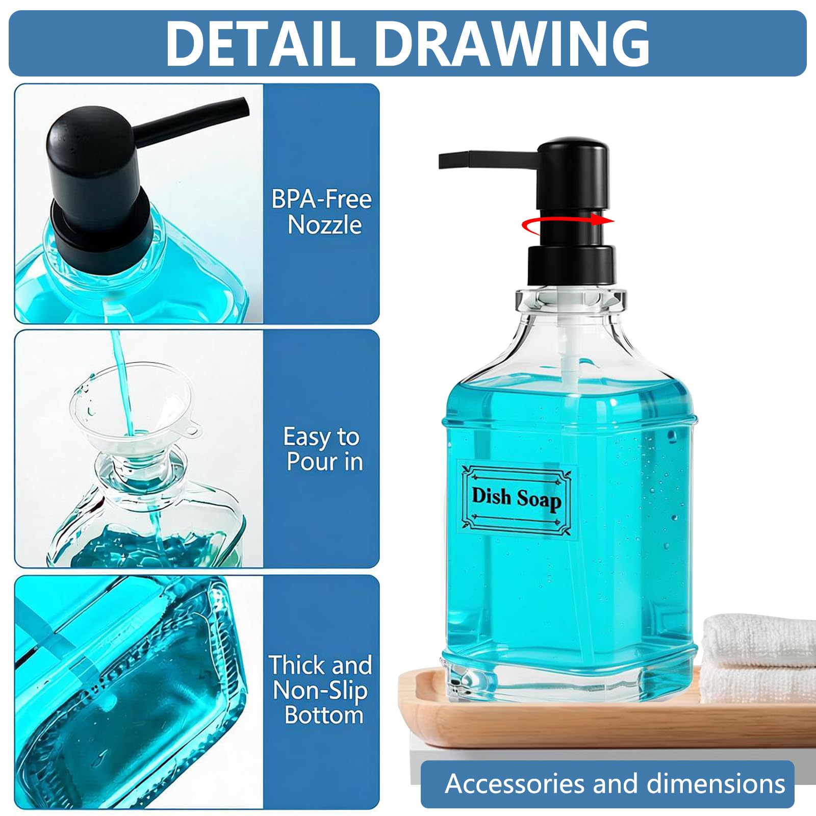 BPFY 3 Pack Glass Soap Dispenser with Pump, 17oz/500ml Square Refillable Hand and Dish Soap Dispenser for Bathroom Decor & Kitchen Sink, Clear Pump Bottles for Liquid, Lotion (Includes 6 Labels)
