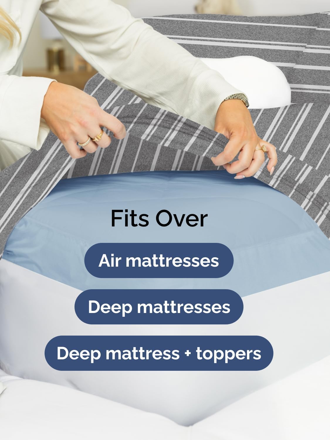 Skiennix Extra Deep Split King Sheet Set - 7 Piece Cooling Bedding - Soft, Wrinkle-Free Grey Stripes