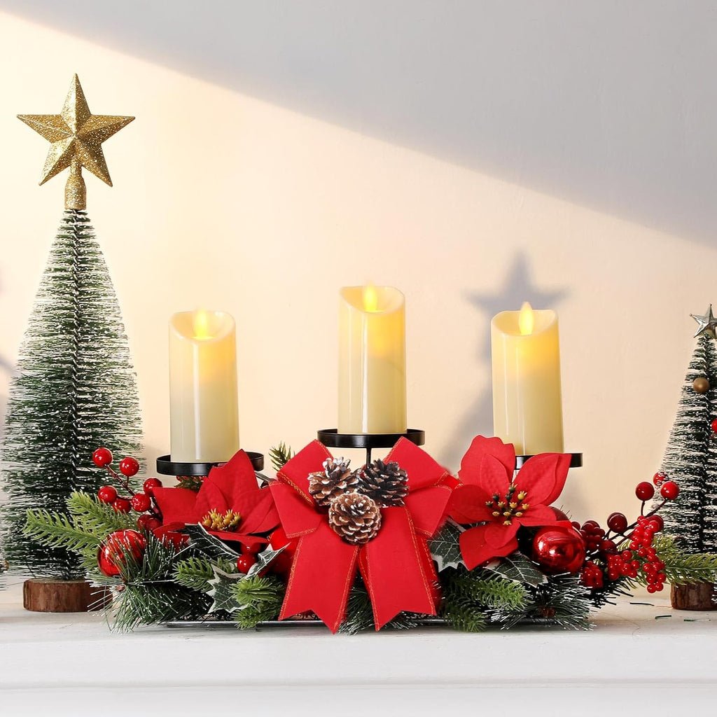Regine Switzerland Christmas Centerpiece - 3 Candle Holders with LED Candles & String Lights | Poinsettia Red Buffalo Plaid Decor